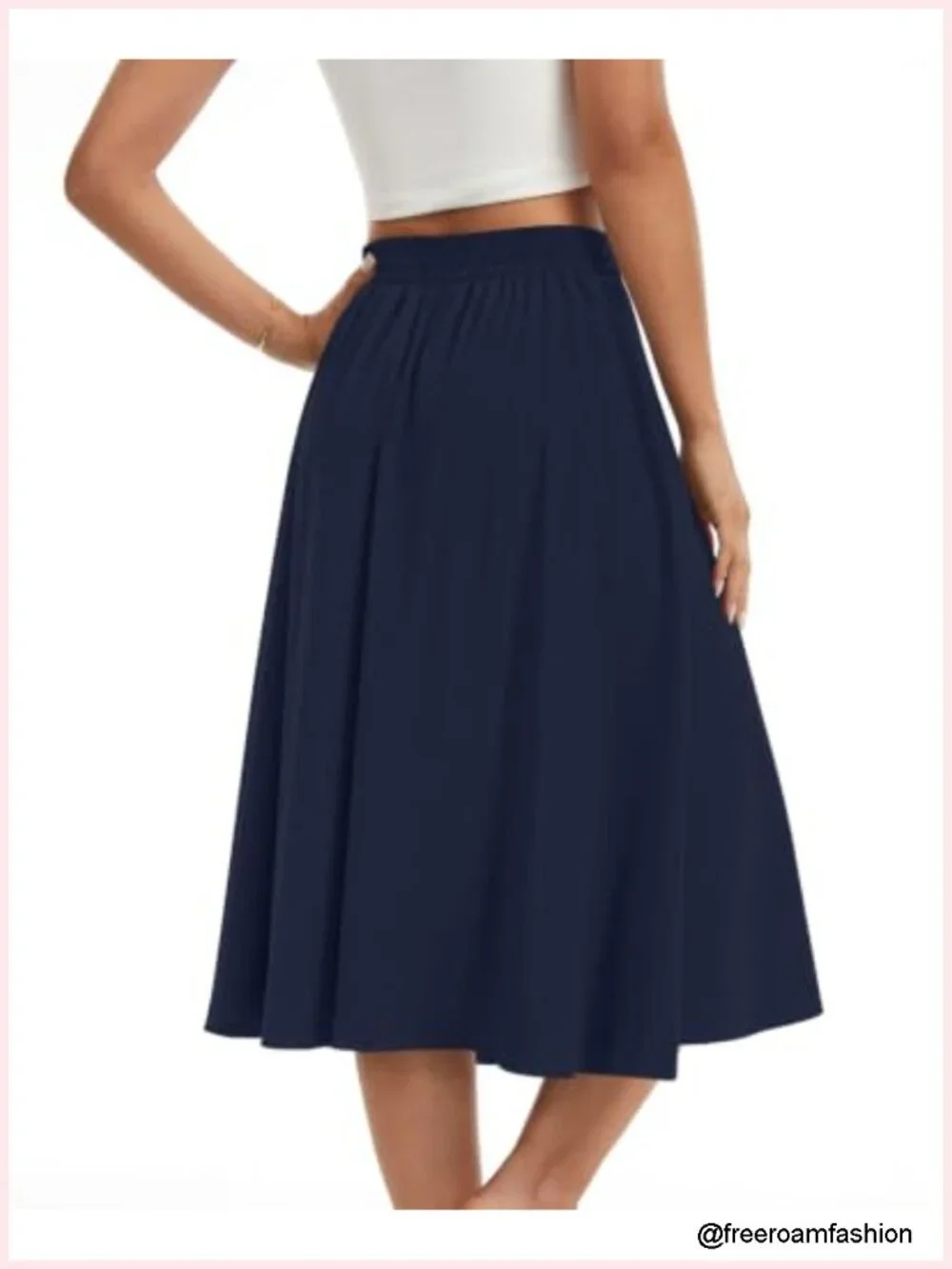 Midi Flowy A-Line Skirt with Pockets Elastic Waist High Waisted Below Knee